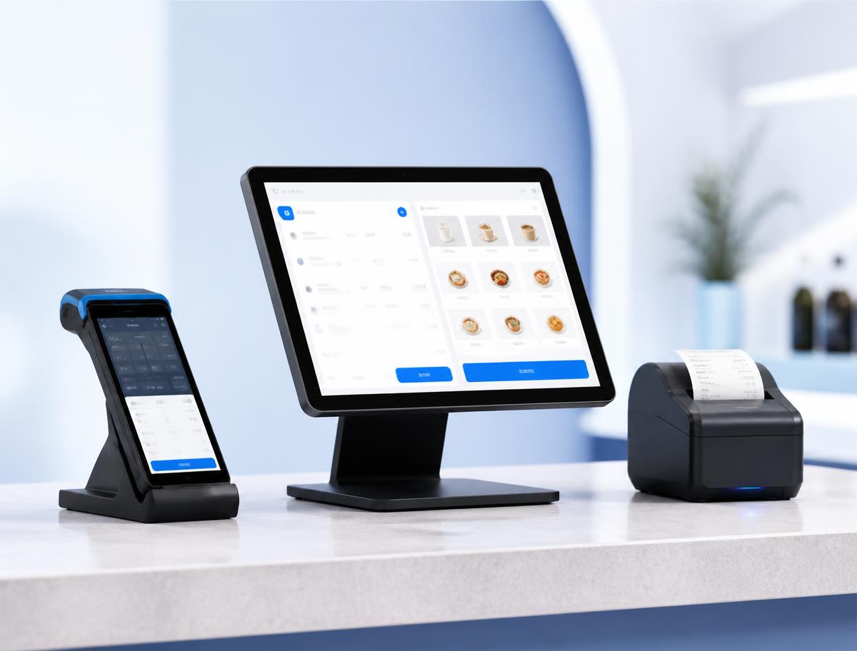 Restaurant point of sale terminal with handheld ordering device and receipt printer on a counter
