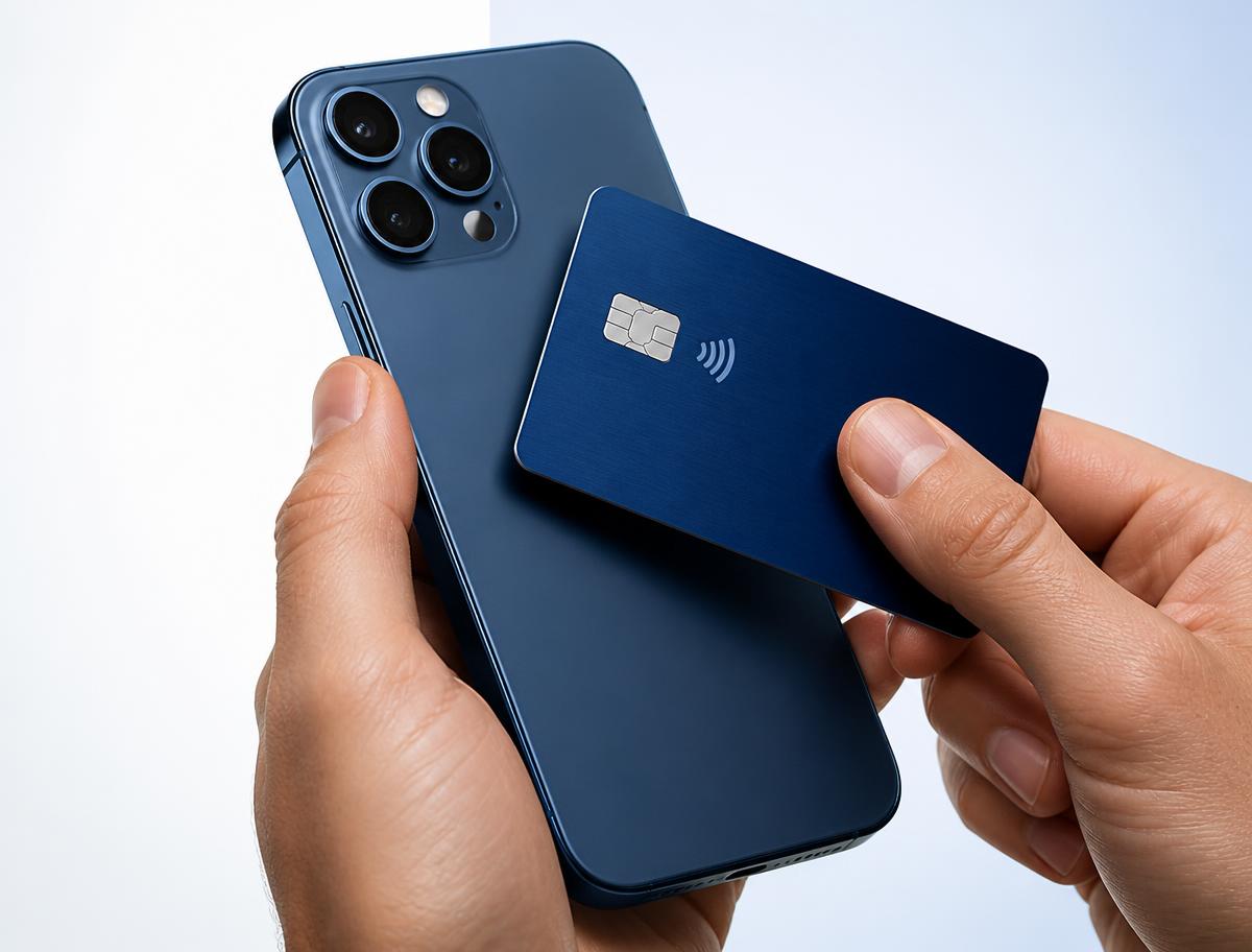 Customer tapping a contactless credit card on the back of a merchant's smartphone